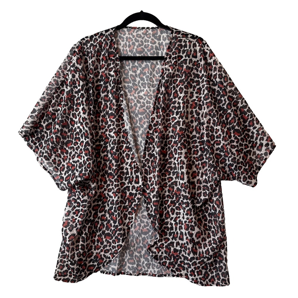 Boho Chic Sheer Leopard Print Open‎ Front Kimono Cardigan 3XL Resort Cover Up